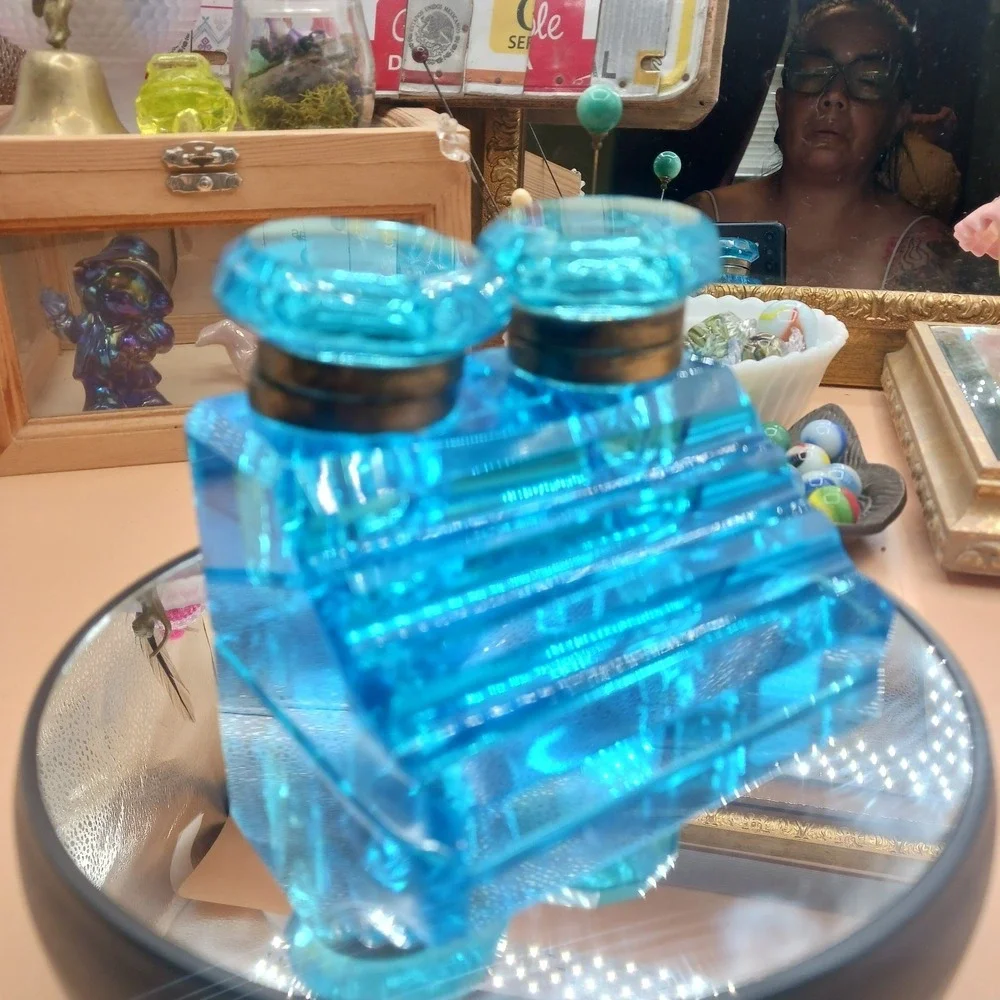 Antique Peacock Blue Glass DOUBLE Inkwell, Late 19th Century Victorian Desk